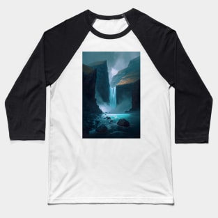 Painting - Low angle view of waterfall into the ocean of Faroe Islands in Europe, Baseball T-Shirt